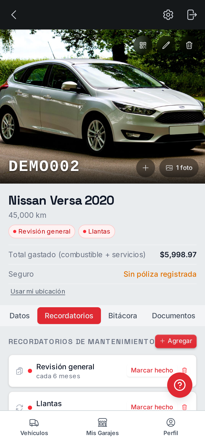Recordatorios de verificación, seguro y servicio